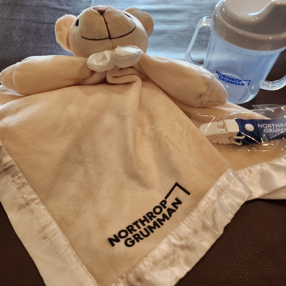 Northrop Grumman Baby Gift Set Bear Lovey Blanket Sippy Cup Pacifier Clip Cream